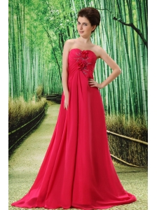 Coral Red Prom Dress Hand Made Flower and Ruch In Graduation