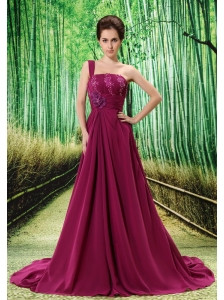 Custom Made Fuchsia One Shoulder Appliques Prom Dress Beaded Decorate Bust In Formal Evening