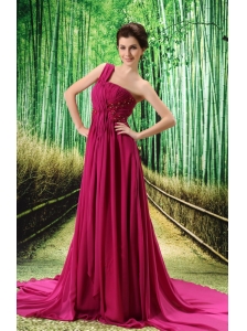 Custom Made Fuchsia One Shoulder Ruched Bodice Prom Dress Beaded Decorate Bust In Formal Evening