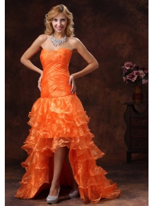 Custom Made Orange Red High-low Ruched Bodice 2013 Prom Dress With Organza