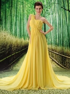 Custom Made Yellow One Shoulder Ruched Bodice Prom Dress Beaded Decorate Bust In Formal Evening