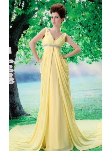 Customize V-neck Yellow 2013 Prom Dress With Beading and Ruch In Celebrity