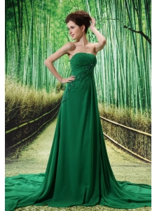 Dark Green Chapel Train Beaded Appliques Chiffon 2013 New Styles Custom Made Prom Gowns