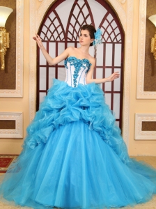 Fashionable Sweetheart Beading Aqua Blue Chapel Train Ball Gown Quinceanera Dress