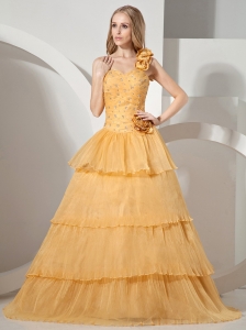 Gold Ruffled Layeres One Shoulder Prom Dress With Hand Made Flowers Beading