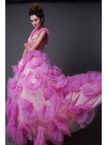Hand Made Flowers Decorate Bodice Beaded Decorate Up Bodice Straps Pink Brush Train Prom / Evening Dress For 2013