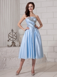 Light Blue Taffeta Strapless Tea-length Custom Made Prom Gowns