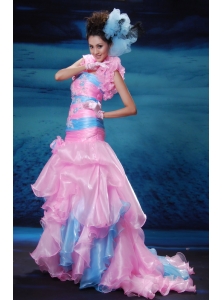 Mermaid / Trumpet Pink and Aqua Blue Organza Brush / Sweep Strapless Prom Dress