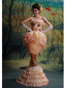 Mermaid Ruffled Layers Organza Beading Brush Train 2013 Prom Dress