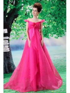 Off Shoulder Neckline Hot Pink A-line Organza Custom Made 2013 Prom Gowns With Court Train
