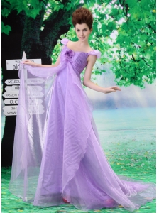 Off Shoulder Neckline Lavender A-line Organza Custom Made 2013 Prom Gowns With Court Train