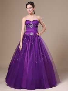 Purple A-Line Beading Tulle Sweetheart Prom Dress Floor-length