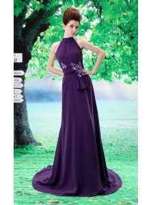 Purple High-neck In Salem For 2013 Prom Dress With Sash and Hand Made Flowers