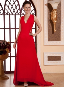 Red V-neck For Prom Dress With Lace and Chiffon