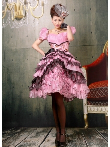 Ruffled Layers Square Knee-length For Baby Pink and Black Prom Dress Cap Sleeves