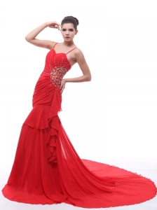 Spaghetti Straps Red Beaded Decorate and Ruch 2013 Prom Dress With Court Train