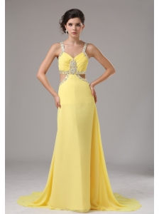 Straps Chiffon Yellow Evening Dress With Brush Train Beaded Decorate