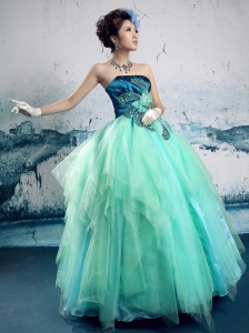 Turquoise Organza Hand Made Flowers Strapless A-line 2013 New Styles Customize Quinceanera Gowns