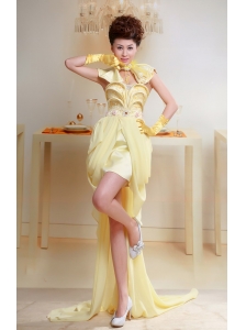 Yellow Lovely Sweetheart Applqiues Decorate Bust Prom Dress With High-low Chiffon For Party