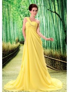 Yellow One Shoulder Prom Dress Appliques and Ruch
