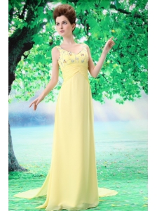 Yellow V-neck Empire Chiffon Watteau Yellow Prom Dress