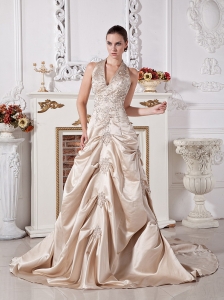 Chgampagne Wedding Dress With Halter Appliques and Satin