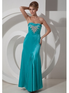 Column / Sheath Beading Prom Dress Ankle-length Elastic Woven Satin Strapless Turquoise