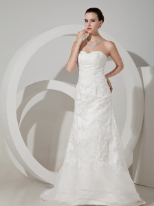 Lace Decorate Bodice Column Organza Sweetheart Neckline Brush Train 2013 Wedding Dress