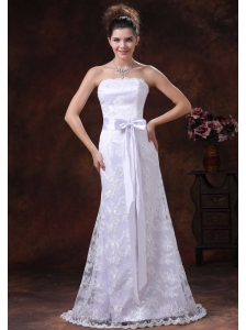 Lace Over Shirt Strapless Column Wedding Dress With Sash