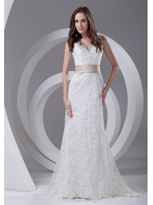 Lace V-Neck Sashes / Ribbons Brush / Sweep Beautiful Wedding Dress Column