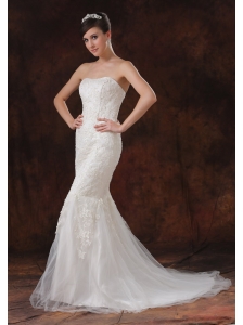 Mermaid / Trumpet Lace Brush / Sweep Tulle Strapless Sexy Wedding Dress