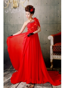 Red One Shoulder Appliques With Beading Prom / Evening Dress With Court Train