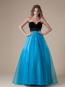 Sweetheart Neckline Beaded Decorate Waist Black and Teal Organza A-line Floor-length 2013 Prom / Evening Dress