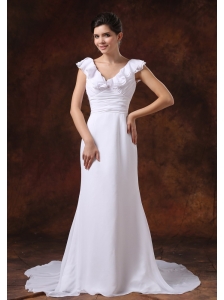V-neck Ruched Bodice Brush Train Custom Made For Wedding Dress