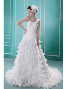 2013 A-line Ruffles One Shoulder Wedding Dress With Appliques Organza
