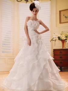 2013 Custom Made Ruffled Layers Hand Made Flowers and Beading Wedding Dress With Chapel Train