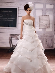 2013 Gorgeous Clasp Handle Ruffled Layers Beaded and Hand Made Flower Wedding Dress With Chapel Train