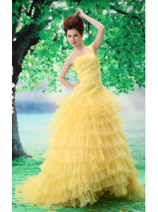 2013 Ruffled Layers One Shoulder Prom Dress With Appliques and Beading Court Train For Custom Made