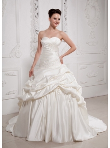 A-line Sweetheart Appliques and Ruch Wedding Dress With Pick-ups