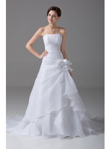 Affordable A-Line Strapless Court Train Organza Wedding Dress Handle-Made Flower
