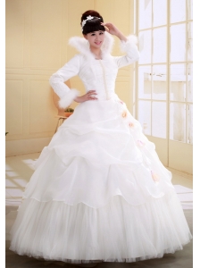 Ball Gown High-neck Neckline Long Sleeves Wedding Dress With Imitated Feather Organza and Tulle
