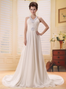Beaded Decorate V-neck Empire Chiffon Court Train Buttons Stylish Wedding Gowns