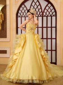 Beading Organza A-Line Strapless Cathedral Train Yellow Wedding Dress