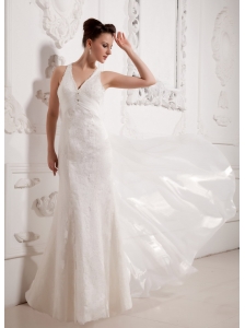 Custom Made Column V-neck Lace Wedding Dress With Organza