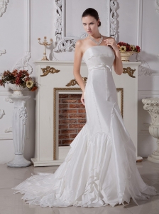 Mermaid Strapless Neckline Wedding Dress With Brush Train Satin and Taffeta