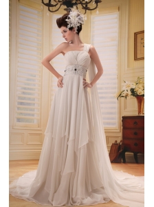 One Shoulder Beaded and Ruch Decorate Waist With Watteat Train Wedding Dress