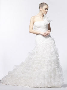 One Shoulder Wedding Dress Organza Ruffles A-Line / Princess Court Train Zipper-up
