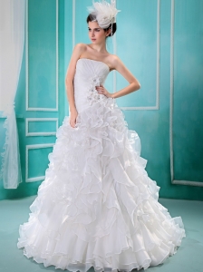 Popular A-line Hand Made Flowers A-line 2013 Wedding Dress With Strapless Organza