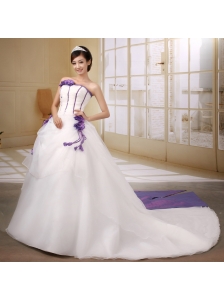 Purple Bow and Flowers Decorate Court Train Wedding Dress