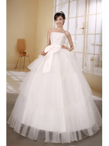 Satin and Organza Strapless Neckline Wedding Dress With Bow and Beaded Decorate